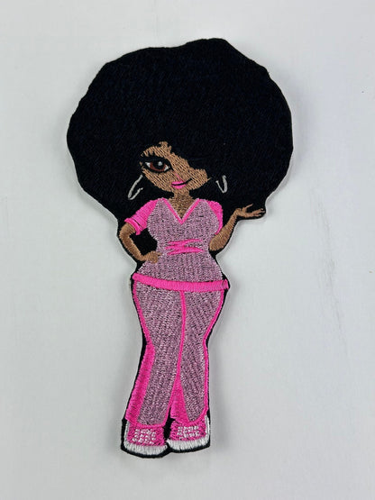 Black Nurse Embroidery Patch with Large Afro, Pink Uniform Sew-On Patch with Iron on adhesive,  LVN Black Woman Patch for Jackets & Bags