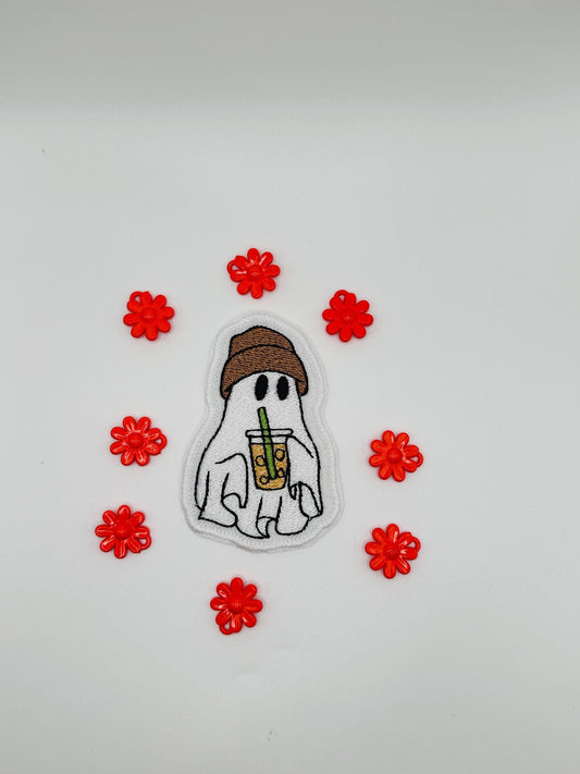 Halloween Ghost Embroidery Patch. Friendly  Ghosts drinking a Cold beverage. 5.77