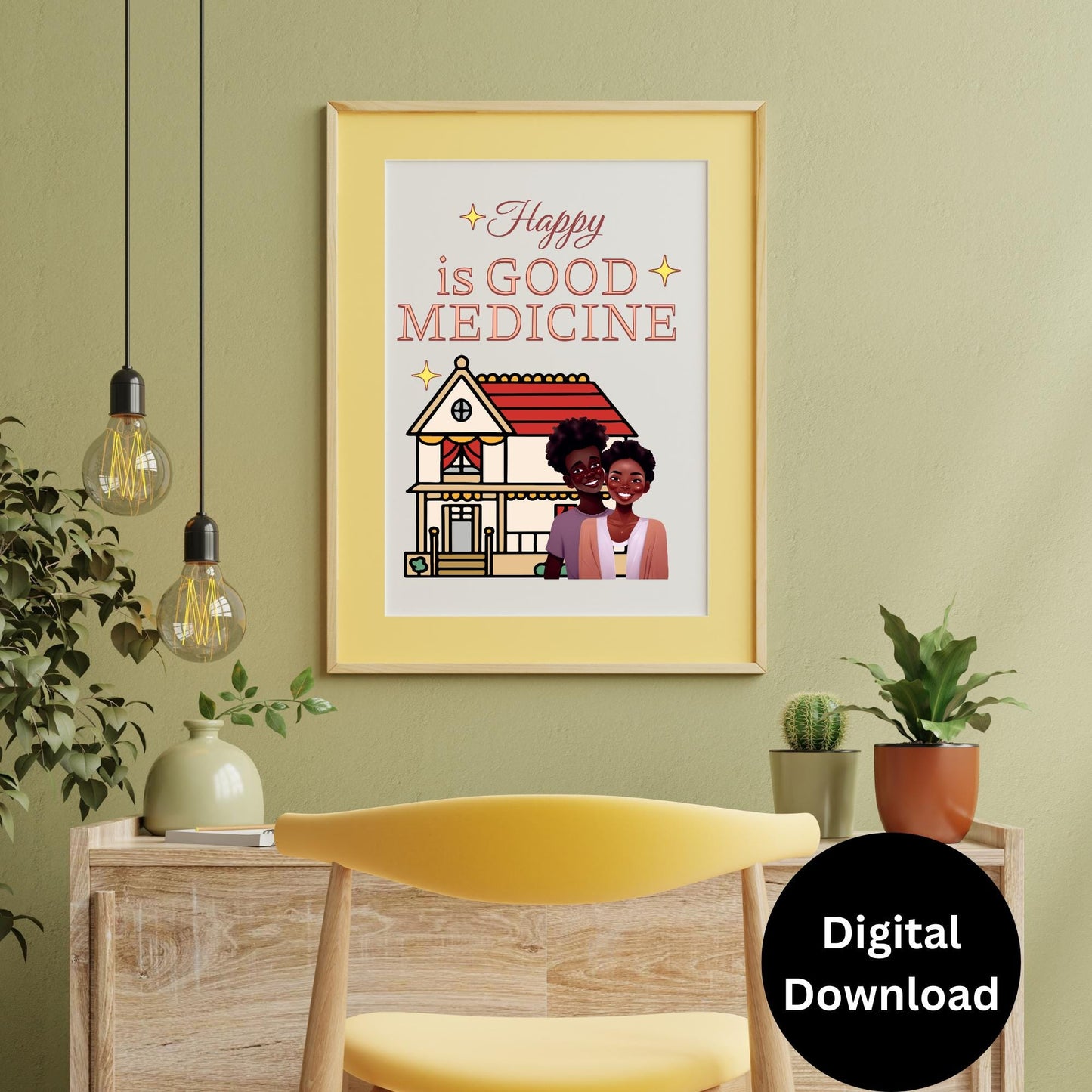Black Family Wall Art INSTANT DOWNLOAD, Husband and Wife "Happy is Good Medicine" Happy Family Life 3.77