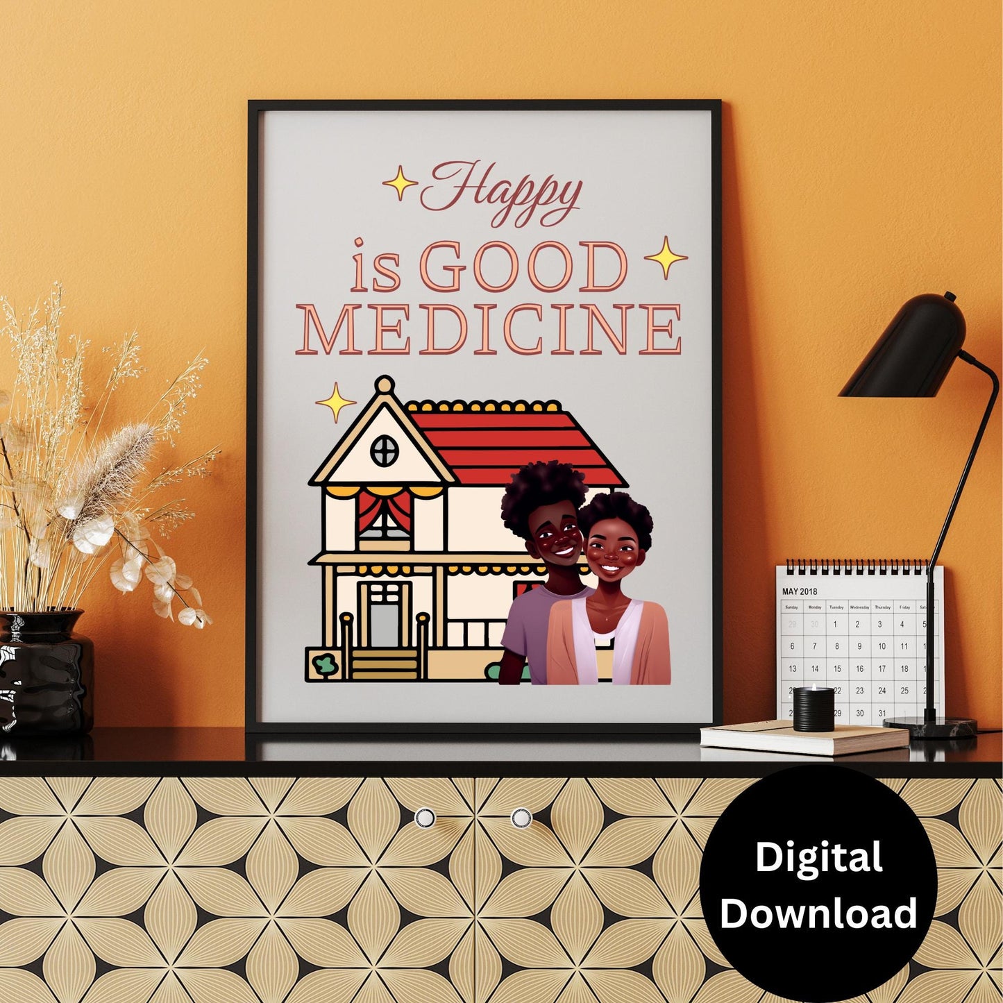 Black Family Wall Art INSTANT DOWNLOAD, Husband and Wife "Happy is Good Medicine" Happy Family Life 3.77