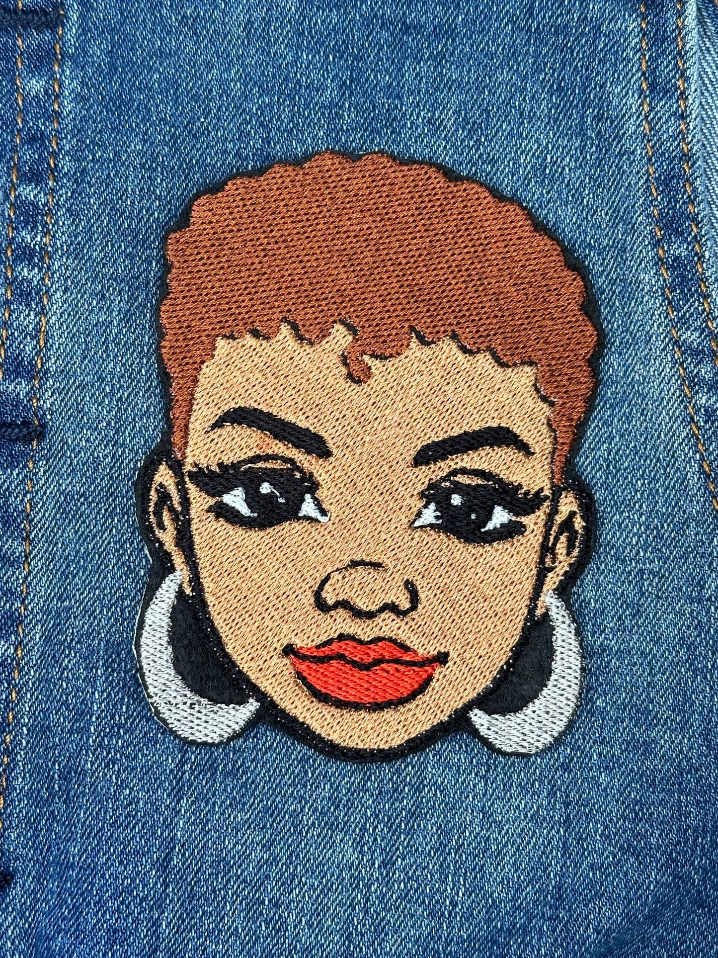 Afro Woman Embroidery Patch: Hair colors in Red, gray, black, blonde, chestnut,  pink - Sew-On