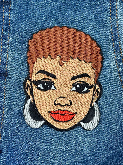 Afro Woman Embroidery Patch: Hair colors in Red, gray, black, blonde, chestnut,  pink - Sew-On