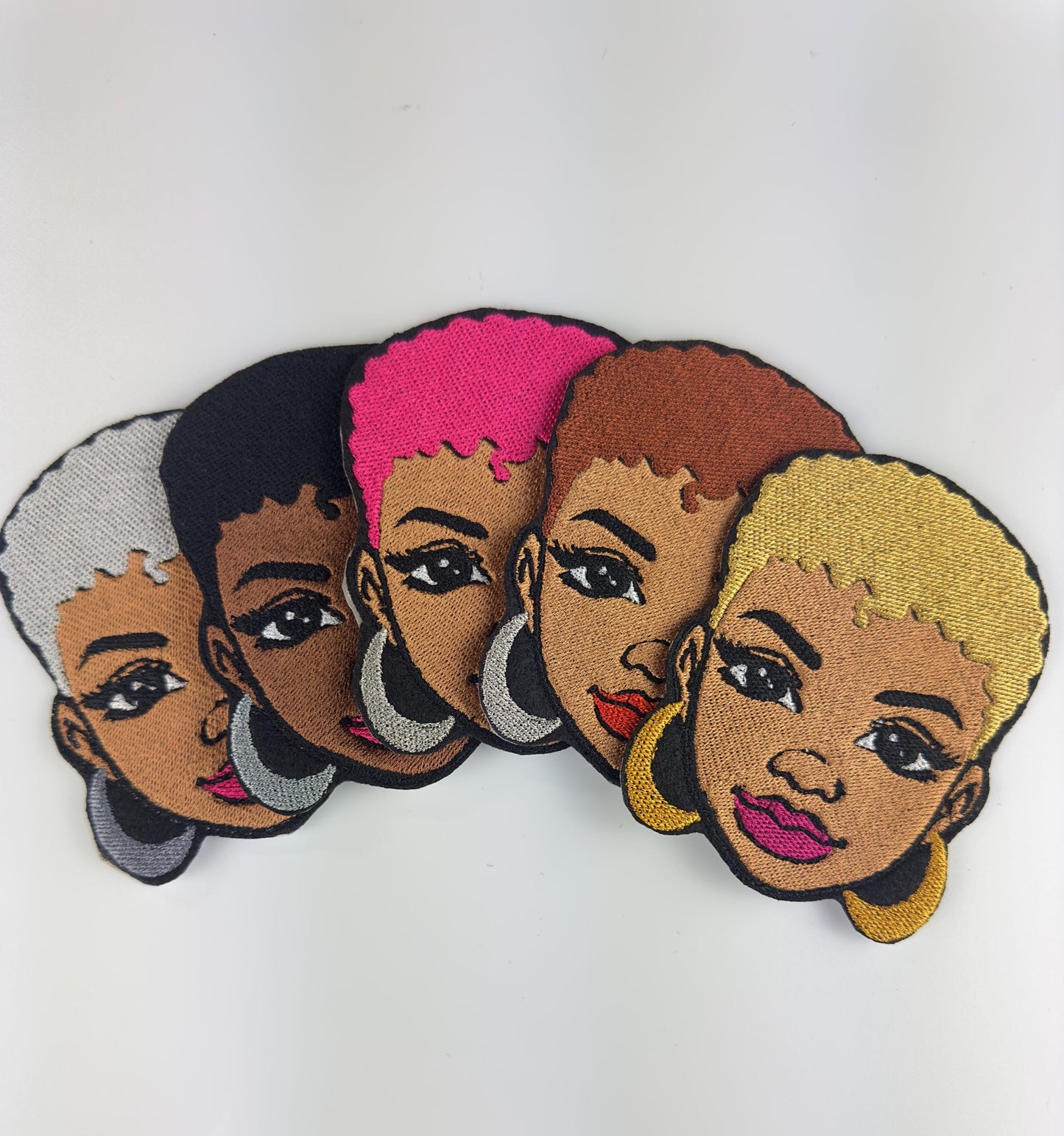 Afro Woman 7 pc. BUNDLE Embroidery Patch Set |  Bold Color Afro Woman Patches with Earrings, Sew-On with Iron-On Adhesive for Placement