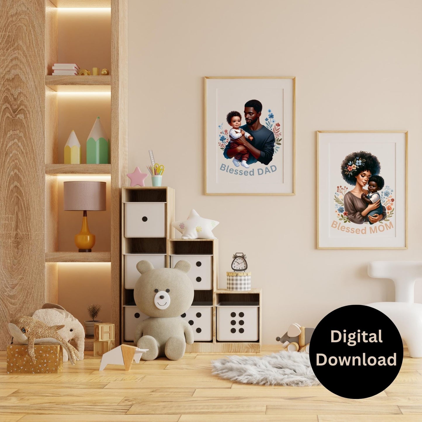 Black Mom and Dad Wall Art Set. Blessed Mom and Blessed Dad. Printable Art for Child's room or Nursery. Children wall art. 6.33