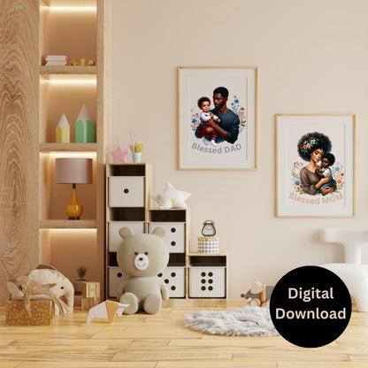 Black Mom and Dad Wall Art Set. Blessed Mom and Blessed Dad. Printable Art for Child's room or Nursery. Children wall art. 6.33