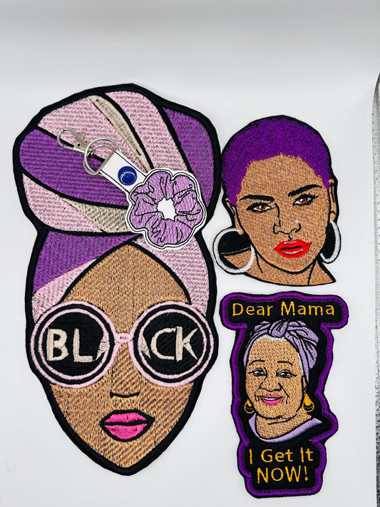 Black Woman Embroidery Patch Set of 4 pieces. with Iron on Backing for placement. Sew on patches and a Key Fob,  25.00  Free Shipping