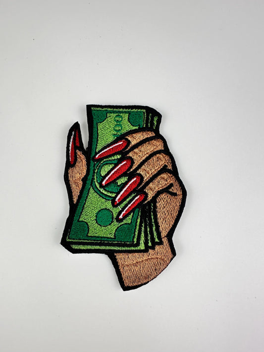 Hand holding Money SMALL Sew On Embroidery Patch. Iron on backing for placement. Fingernail Patch, Black Woman Patch, ***9.00***