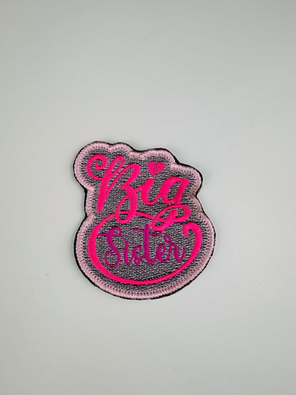 Big Sister Embroidery Sew on Patch with Iron on Adhesive for placement. Pink and Purple color 6.98