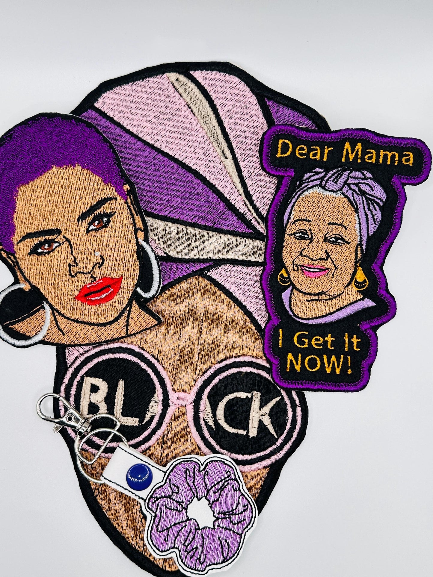 Black Woman Embroidery Patch Set of 4 pieces. with Iron on Backing for placement. Sew on patches and a Key Fob,  25.00  Free Shipping