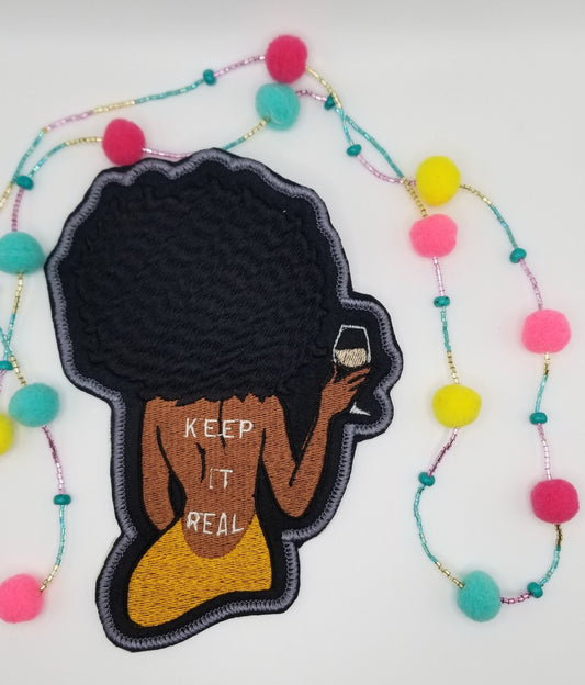 Black Woman with TATTOO, holding a Glass of Wine. Large Embroidery Iron On Patch, 4 5/8" x 6 1/2". Black  Diva patch...  LARGE SIZE  10.00