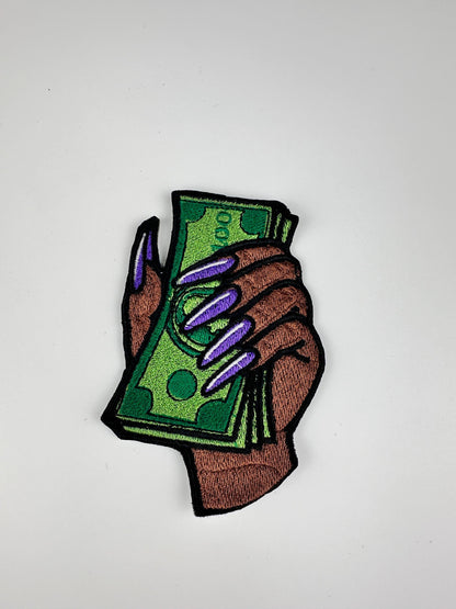 Hand holding Money SMALL Sew On Embroidery Patch. Iron on backing for placement. Fingernail Patch, Black Woman Patch, ***9.00***