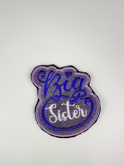 Big Sister Embroidery Sew on Patch with Iron on Adhesive for placement. Pink and Purple color 6.98