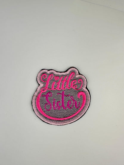 Little Sister Embroidery Sew on Patch with Iron on Adhesive for placement. Pink and Purple color 6.98