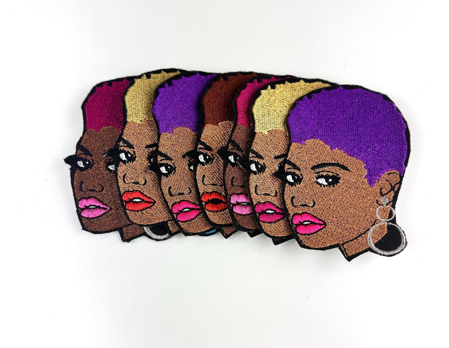 Black Woman Short Afro Embroidery Patch. 3D Black woman patch.  Red, Purple, Gold hair color  3D Black woman patch   7.00
