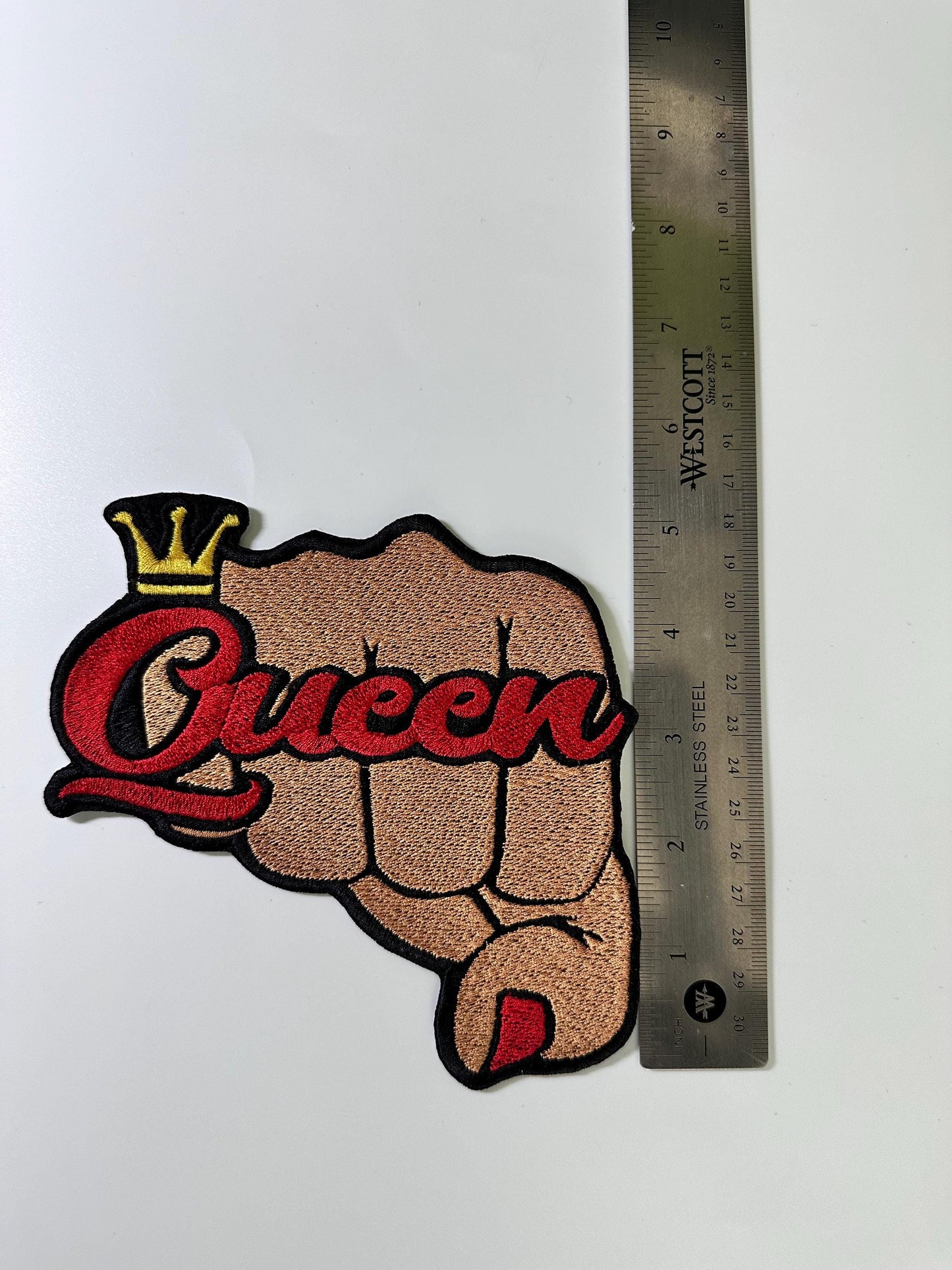 Queen Fist "LARGE"  (SEE PHOTOS) Embroidery Sew on patch with adhesive backing. Great for Jeans Jacket Designs, Black Queen Patch 10.00