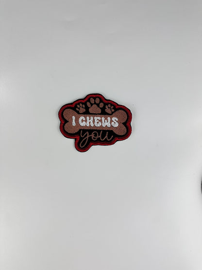 Dog "I Chews You" Sew On Embroidery Patch: Brown & Pink