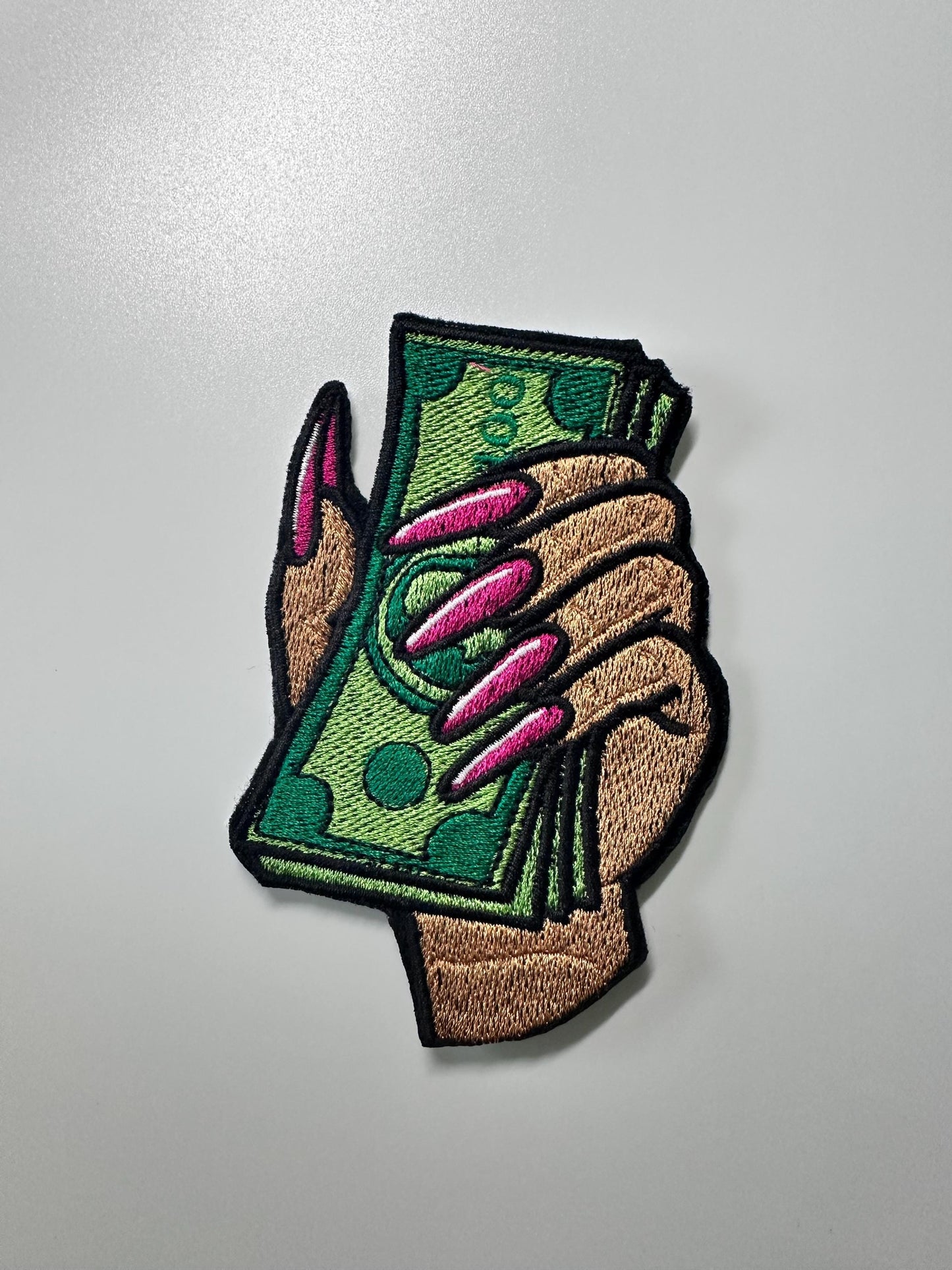 Hand holding Money SMALL Sew On Embroidery Patch. Iron on backing for placement. Fingernail Patch, Black Woman Patch, ***9.00***