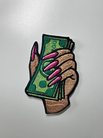 Hand holding Money SMALL Sew On Embroidery Patch. Iron on backing for placement. Fingernail Patch, Black Woman Patch, ***9.00***