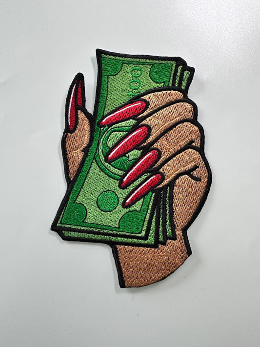 Hand holding Money LARGE Embroidery Sew On Patch. Iron on backing for placement. Hand Patch, "For LARGE patch only***12.00***