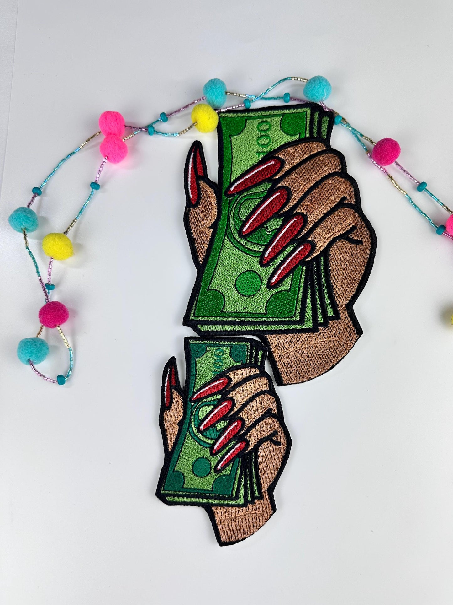 Hand holding Money LARGE Embroidery Sew On Patch. Iron on backing for placement. Hand Patch, "For LARGE patch only***12.00***