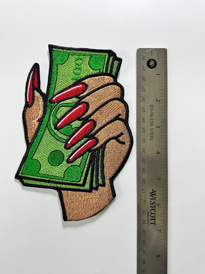 Hand holding Money LARGE Embroidery Sew On Patch. Iron on backing for placement. Hand Patch, "For LARGE patch only***12.00***