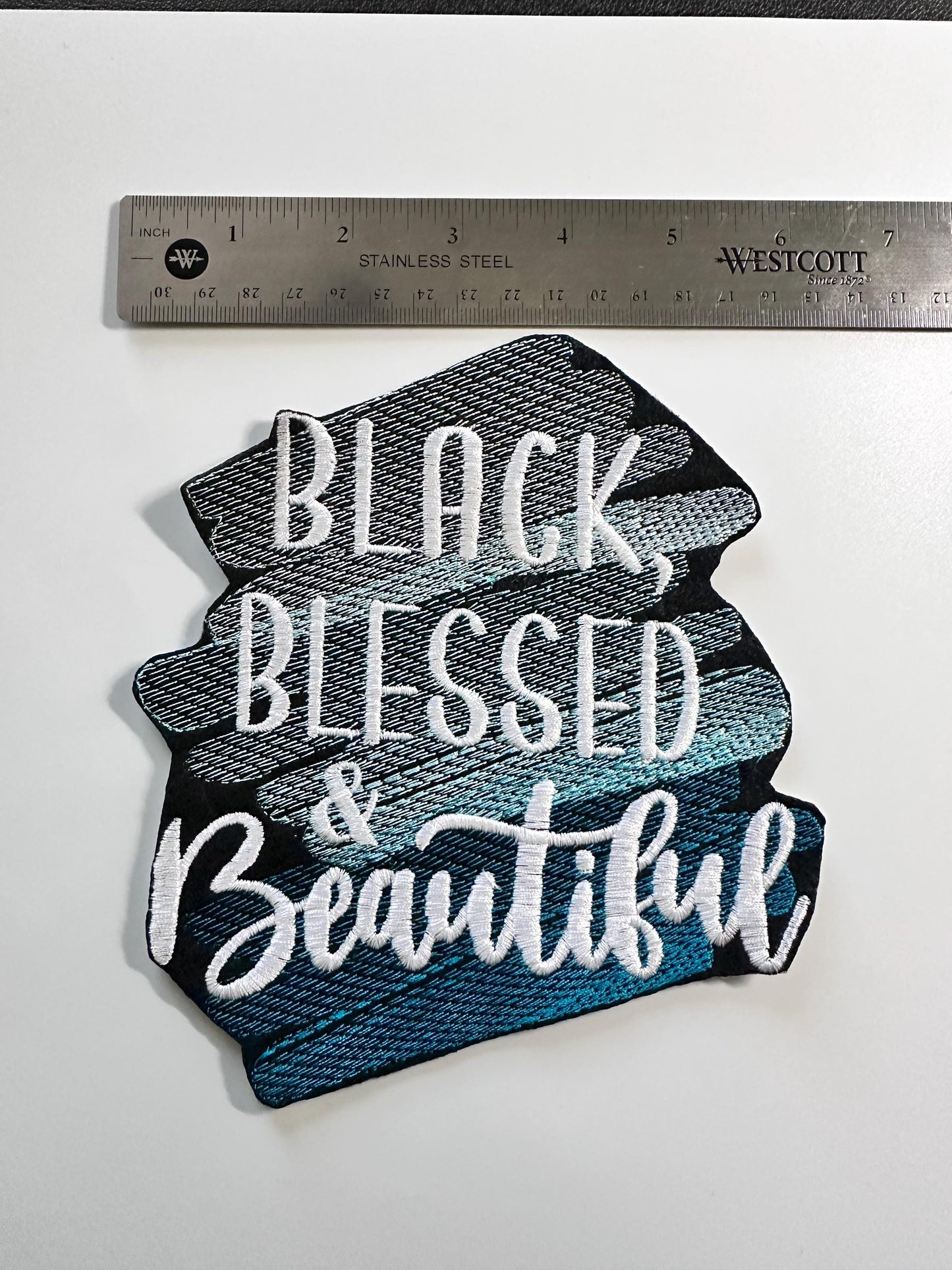 LARGE Black, Blessed, & Beautiful TEAL or Bluie Sew On Embroidery Patch. Our Large size patch only. 12.00