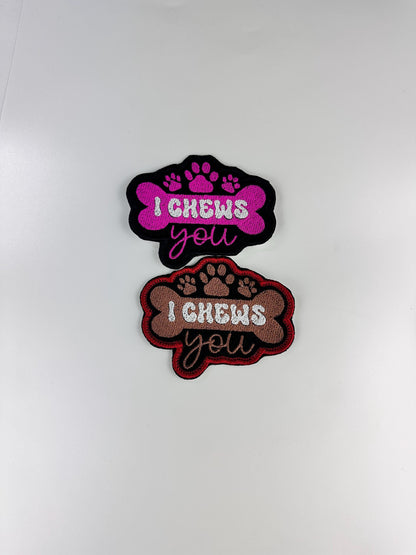 Dog "I Chews You" Sew On Embroidery Patch: Brown & Pink