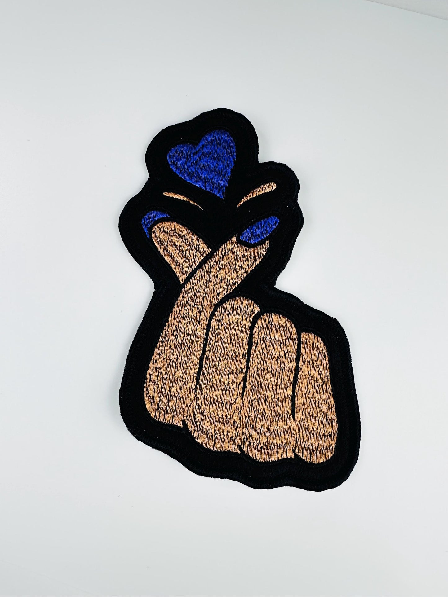 Finger Heart Embroidery Patch, Hand with Blue Nails, Cute Love Patch, Sew On with Iron-On Adhesive for Placement