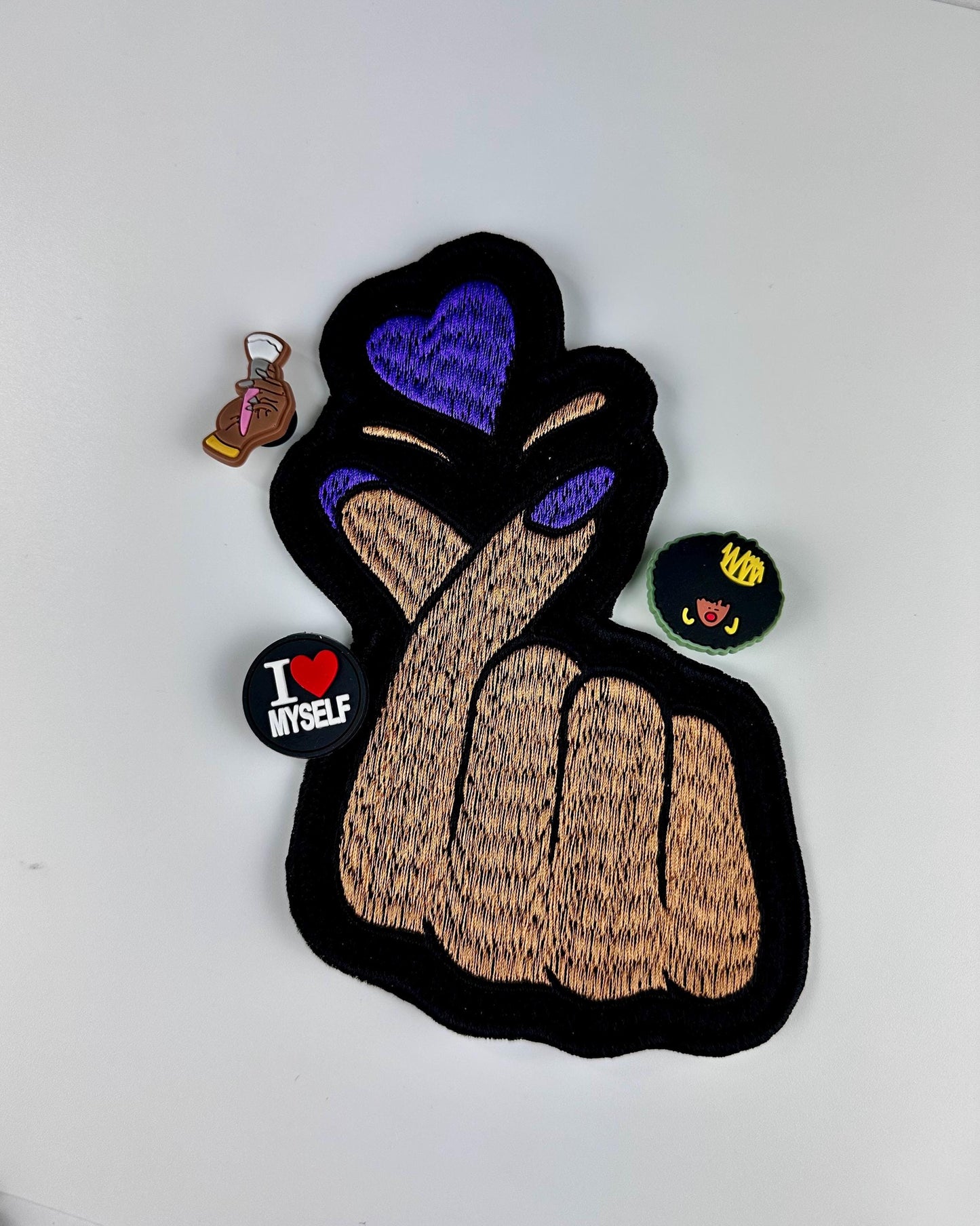 Finger Heart Embroidery Patch: Purple Nails, Sew-On Applique