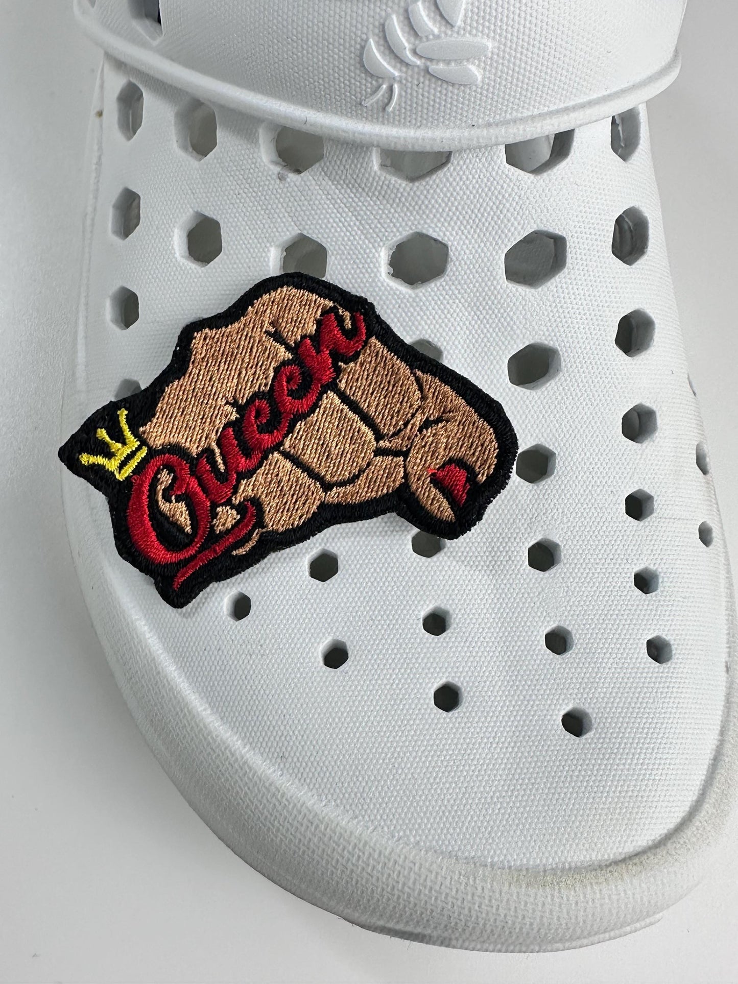 Queen Fist Mini Embroidery Patch, 2" Sew-On Patch with Adhesive Backing, Black Queen Patch for Crocs, Jeans, Jackets, Bags & Hats
