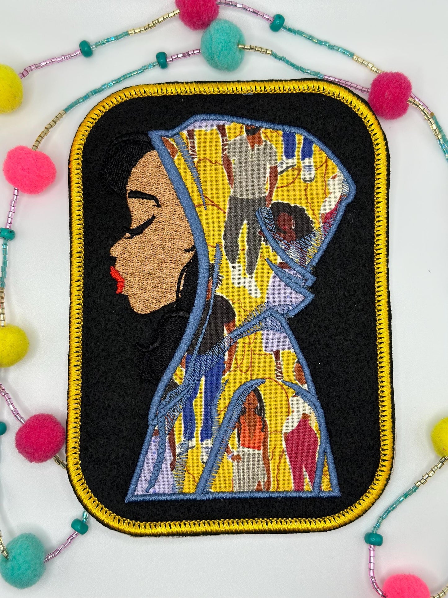 Black Girl Embroidery Applique Sew on patch with Iron on backing for placement. African Fabric in a  Satin Border. BGM patch   9.98