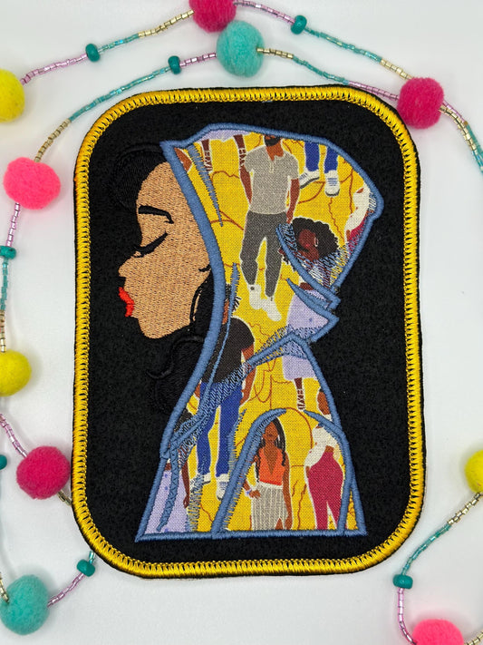 Black Girl Embroidery Applique Sew on patch with Iron on backing for placement. African Fabric in a  Satin Border. BGM patch   9.98