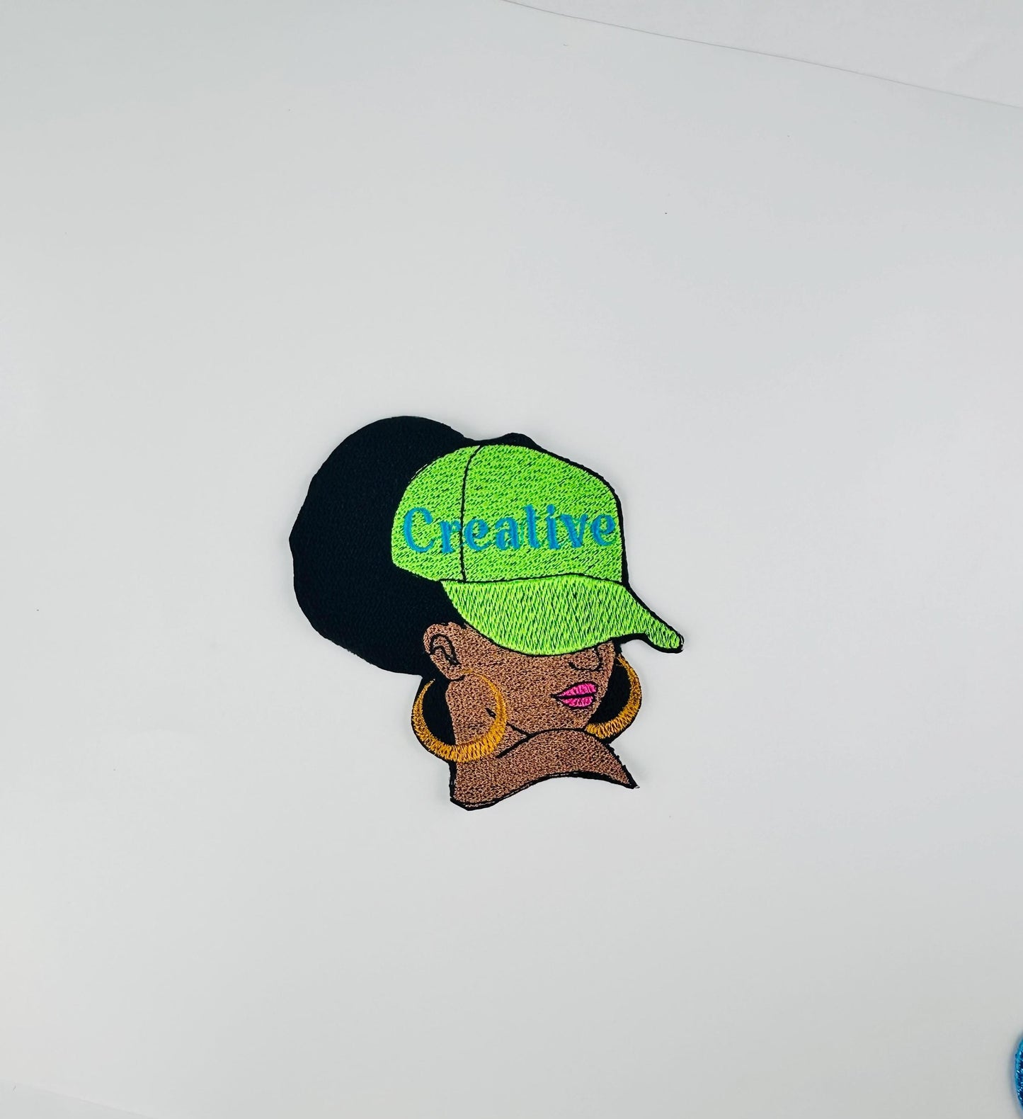 Afro Woman Patch: "Creative" Cap, Earrings - Sew on with Iron on adhesive for placement