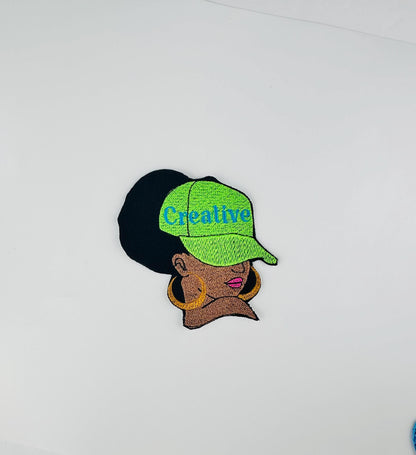 Afro Woman Patch: "Creative" Cap, Earrings - Sew on with Iron on adhesive for placement