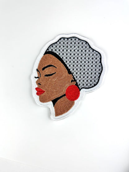 Black Woman with hair Net Embroidery Patch. Afro woman patch, Black Goddess 9.50