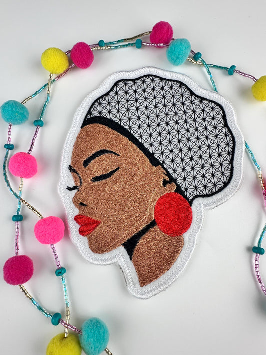 Black Woman with hair Net Embroidery Patch. Afro woman patch, Black Goddess 9.50