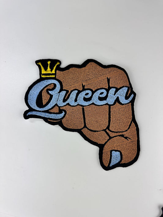 Queen Fist "LARGE"  (SEE PHOTOS) Embroidery Sew on patch with adhesive backing. Great for Jeans Jacket Designs, Black Queen Patch 12.00
