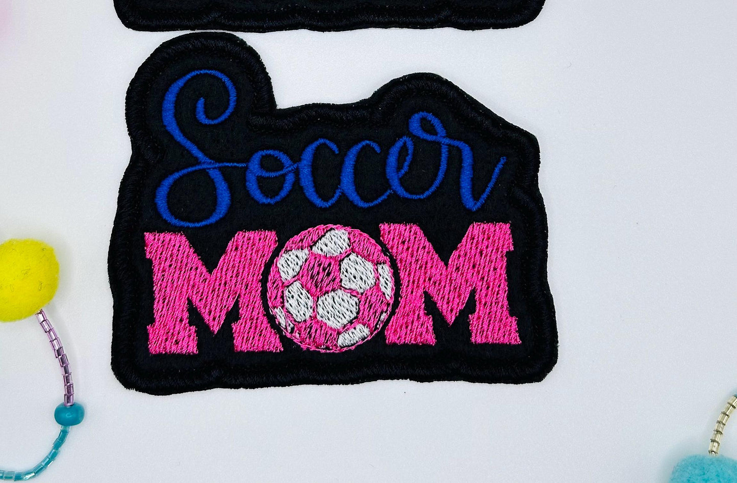 Soccer Mom Sew On Embroidery Patch with Iron backing for placement.  Use on Tote Bag, backpack denim, sports bag 6.98