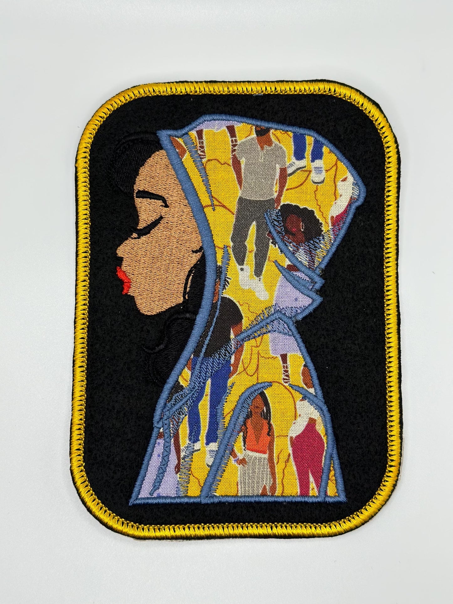Black Girl Embroidery Applique Sew on patch with Iron on backing for placement. African Fabric in a  Satin Border. BGM patch   9.98