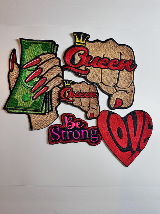 Black Woman 5 Patch QUEEN BUNDLE Embroidery patches...hearts, Queen Fist, Money hand, Love heart, and Dog Heart.  **Free Shipping