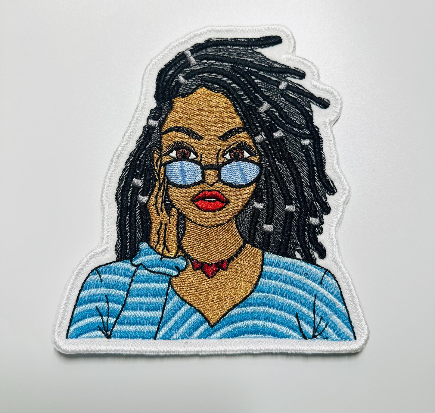 Black woman Embroidery Sew on  Patch with Adhesive backing for placement. She has Shades and Dreads and Hair Decoration.  10.50