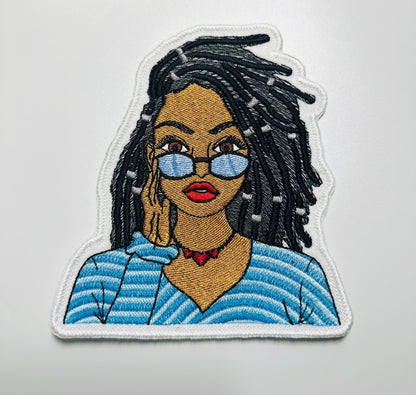 Black woman Embroidery Sew on  Patch with Adhesive backing for placement. She has Shades and Dreads and Hair Decoration.  10.50
