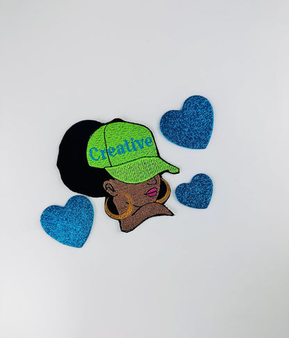 Afro Woman Patch: "Creative" Cap, Earrings - Sew on with Iron on adhesive for placement