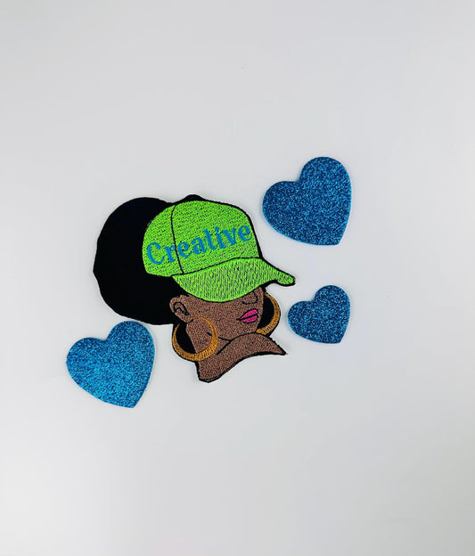 Afro Woman Patch: "Creative" Cap, Earrings - Sew on with Iron on adhesive for placement