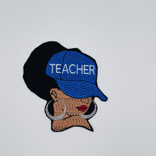 Teacher Afro Woman Sew on Embroidery Patch with adhesive backing. 3d Black woman Patch, Ball Cap with Teacher on Cap wearing Earrings...9.97