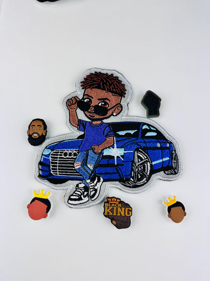 Black Boy Embroidery Patch with Yellow Car, Cool Kid Patch, Sew On with Iron-On Adhesive for Placement