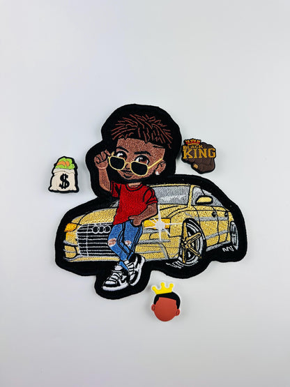 Black Boy Embroidery Patch with Yellow Car, Cool Kid Patch, Sew On with Iron-On Adhesive for Placement