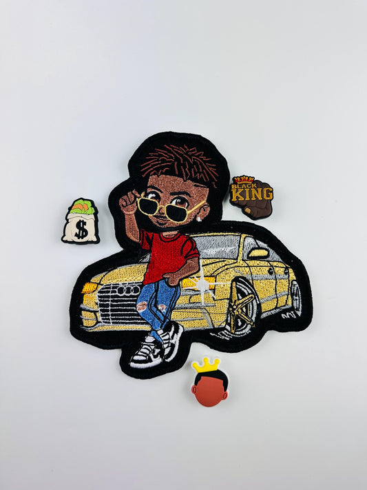 Black Boy Embroidery Patch with Yellow Car, Cool Kid Patch, Sew On with Iron-On Adhesive for Placement