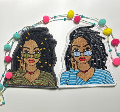 Black woman Embroidery Sew on  Patch with Adhesive backing for placement. She has Shades and Dreads and Hair Decoration.  10.50