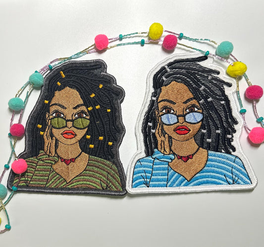 Black woman Embroidery Sew on  Patch with Adhesive backing for placement. She has Shades and Dreads and Hair Decoration.  10.50